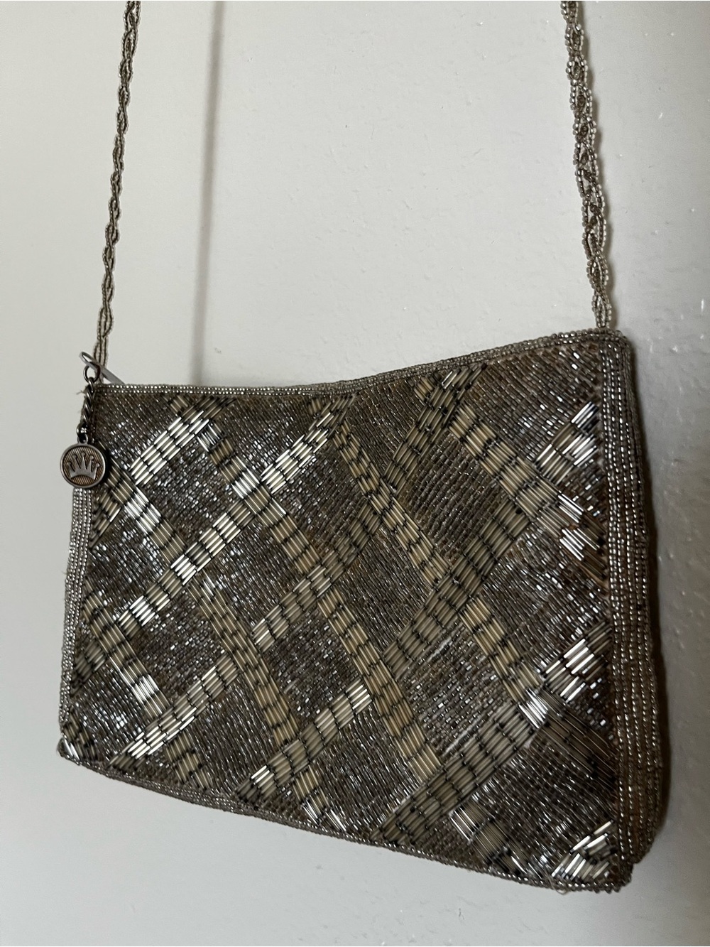 Vintage Beaded Metallic Silver Evening Shoulder Bag